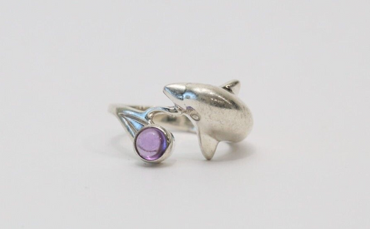 Sterling Silver Dolphin & Amethyst Bypass Ring, Size 7 - 4.7g