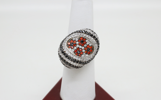 Sterling Silver Black White & Orange Floral Bean Ring, Size 8 - 10.9g