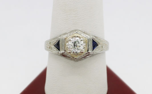 18k White Gold Diamond & Sapphire Ring, Size 10 - 5.4g