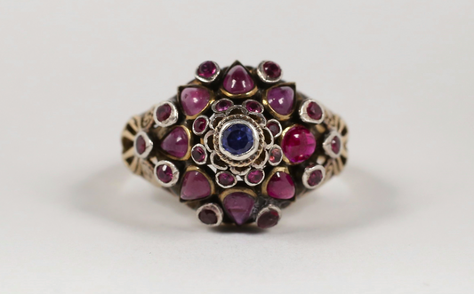 Vintage 9k Yellow & White Gold Sapphire & Ruby Cocktail Ring, Size 8.25 - 5.7g