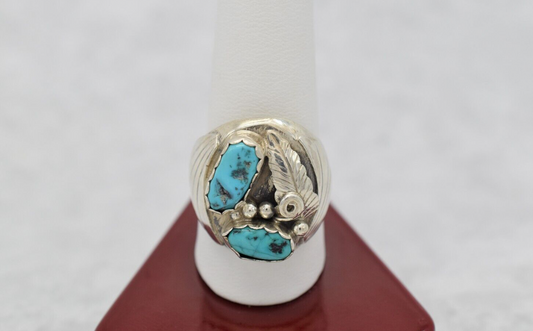 Sterling Silver JH Signed Turquoise Feather Ring, Size 10.5 - 19.1g