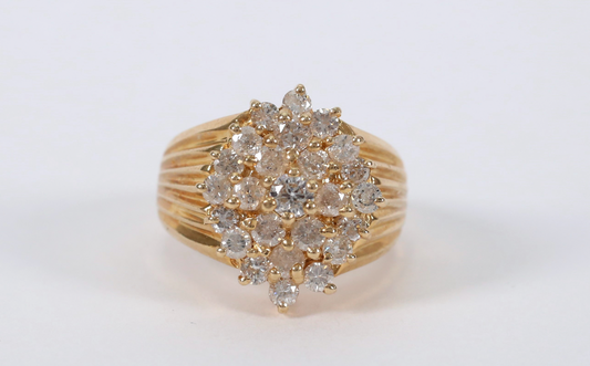 14k Yellow Gold Diamond Cocktail Ring, Size 7.25 - 9.5g