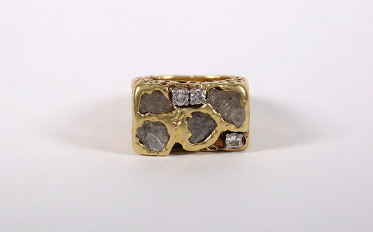 Vintage 18k Yellow Gold Nugget Style Ring with Rough Cut Diamonds, Size 5 - 16.8g