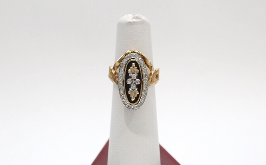 14k Yellow Gold Diamond & Onyx Cocktail Ring, Size 7 - 7.8g