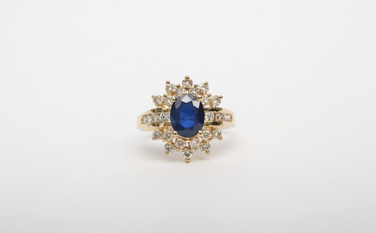 14k Yellow Gold Sapphire & Diamond Cocktail Ring, Size 10 - 5.8g