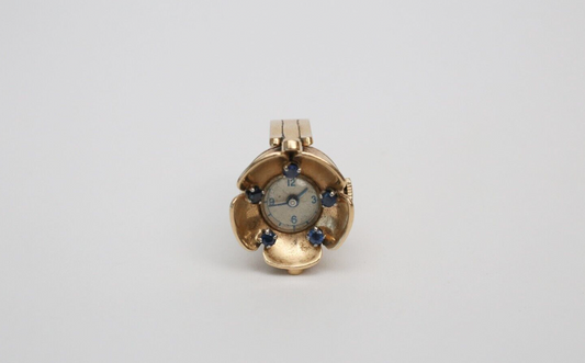 Vintage 14k Yellow Gold Floral Sapphire Watch Ring, Size 4.5 - 13.7g