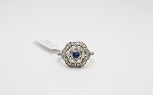 Vintage 14k White Gold Sapphire & Diamond Cocktail Ring, Size 6 - 5.6g