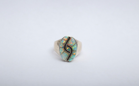 Native American Zuni Sterling Silver Twirl Opal Ring, Size 12 - 15.5g
