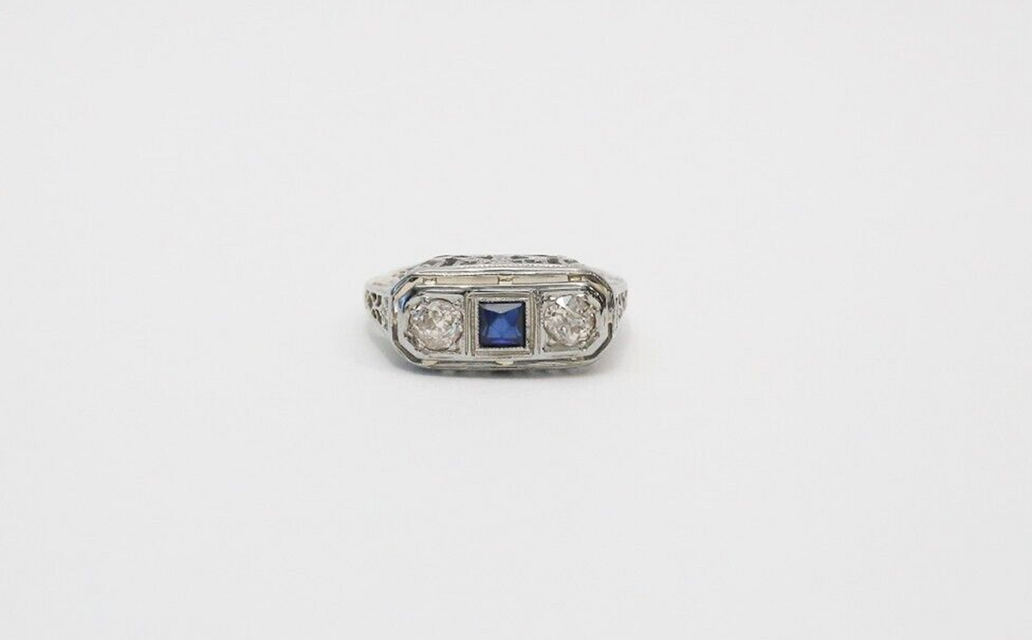 Art Deco 14k White Gold Diamond & Sapphire Ring, Size 4.25 - 2.6g