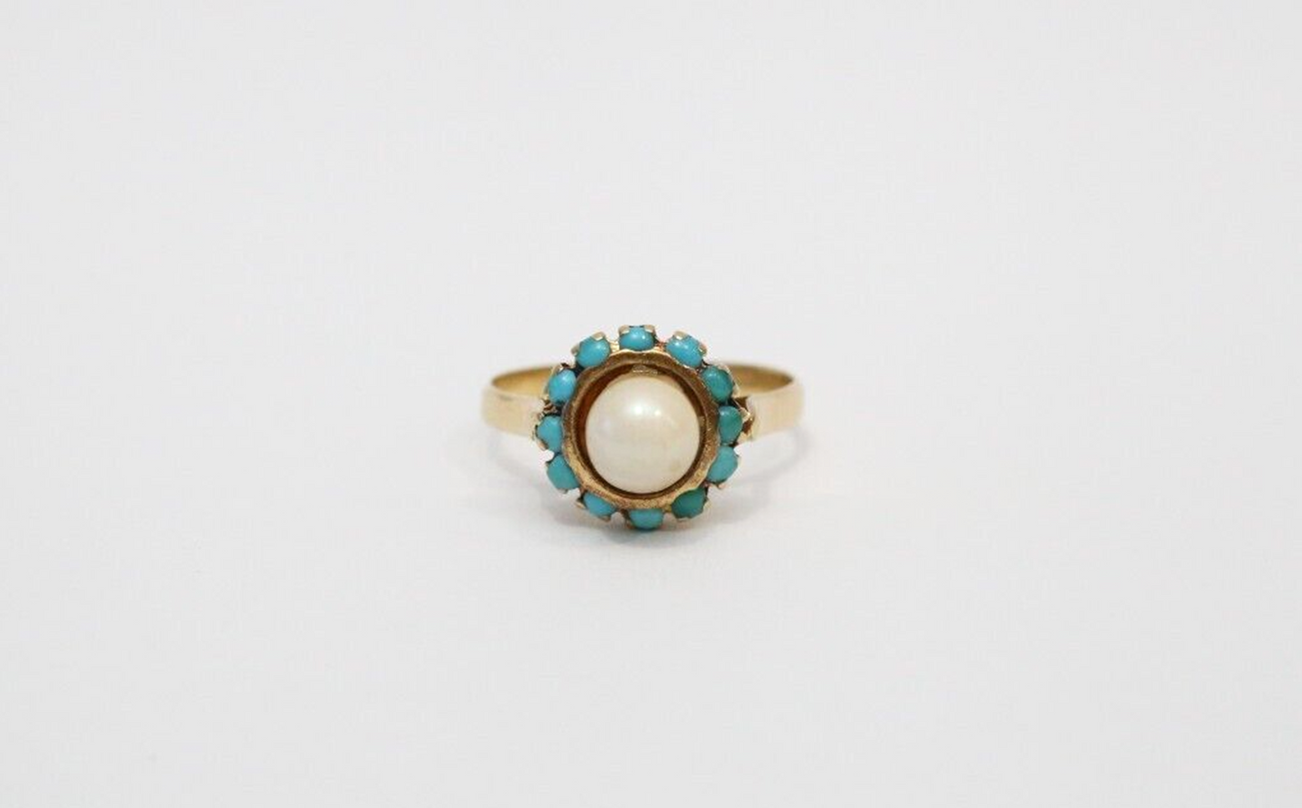 18k Yellow Gold Pearl & Blue Coral Cocktail Ring, Size 6.75 - 2.8g