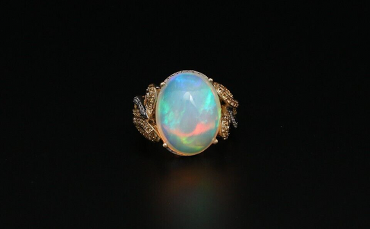 14k Yellow Gold Cabochon Opal & Diamond Ring, Size 8 - 11.0g