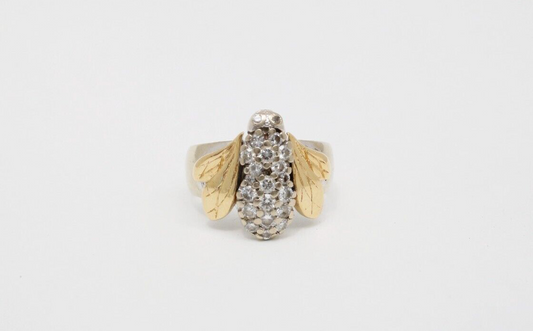 14k White & Yellow Gold Diamond Bee Ring, Size 7 - 7.6g