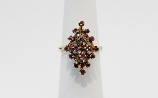 Vintage 14k Yellow Gold Diamond & Spinel Cocktail Ring, Size 6.25 - 4.5g