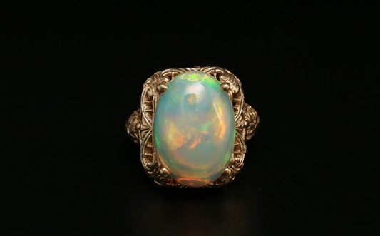 14k Yellow Gold Filigree Cabochon Opal Ring, Size 5.75 - 5.0g