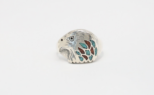 Sterling Silver Eagle Ring w/ Turquoise & Coral, Size 12.75 - 8.8g