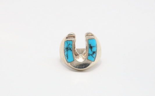 Vintage Sterling Silver Mexico Turquoise Horseshoe Ring, Size 11 - 17.6g