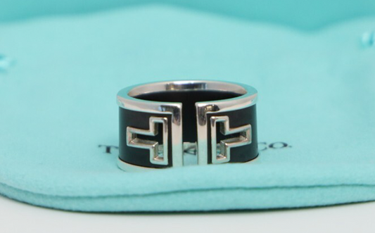 Tiffany & Co Sterling Silver Black Ceramic T Cut Out Wide Ring, Size 7 - 7.7g