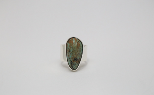 Mexico TV-115 Sterling Silver Wide Turquoise Ring, Size 6 - 9.8g