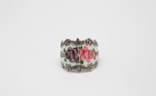 Vintage Sterling Silver Floral Enamel Cigar Band Ring with Pink & Purple Roses, Size 8 - 8.4g