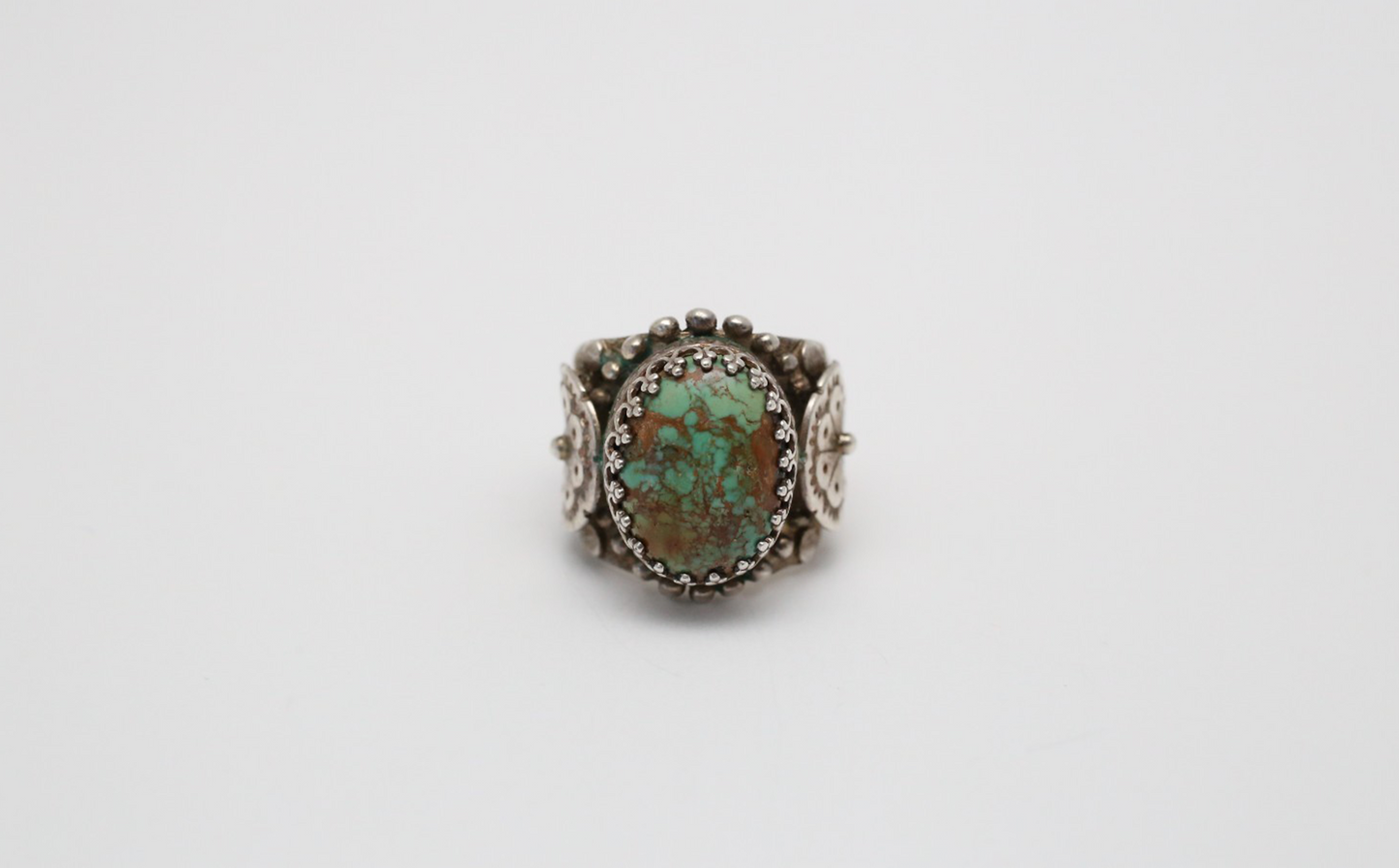 Sterling Silver Ornate Green Turquoise Ring, Size 5 - 14.4g