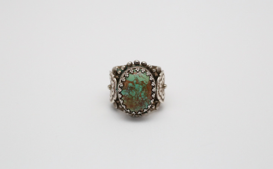 Sterling Silver Ornate Green Turquoise Ring, Size 5 - 14.4g