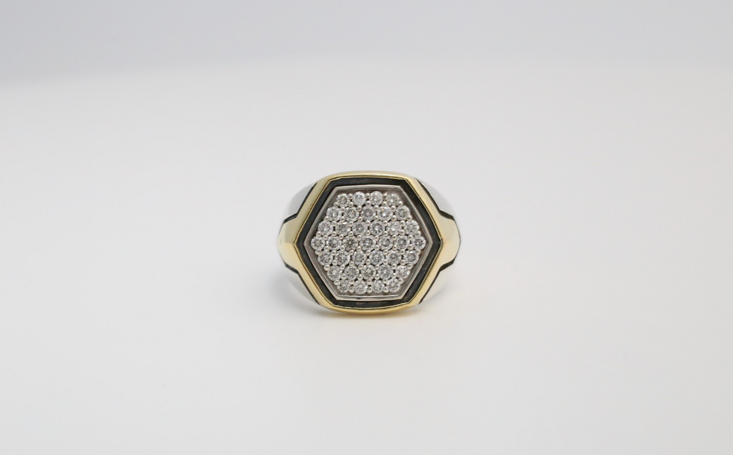 David Yurman Hex Collection Sterling Silver & 18k Yellow Gold Diamond Ring, Size 8 - 18.8g