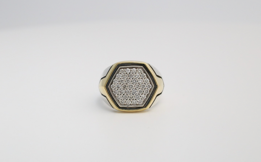 David Yurman Hex Collection Sterling Silver & 18k Yellow Gold Diamond Ring, Size 8 - 18.8g