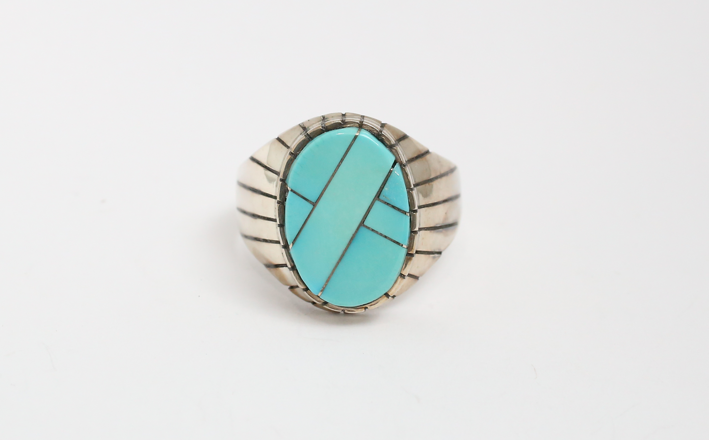 Native American Sterling Silver Inlaid Turquoise Ring, Size 12 - 11.2g