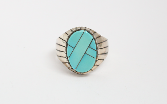 Native American Sterling Silver Inlaid Turquoise Ring, Size 12 - 11.2g