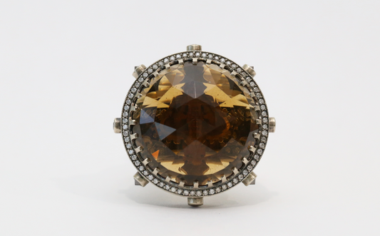 KISUM 14k White & Yellow Gold Large Smoky Quartz Ring with Diamonds, Size 8 - 32.9g