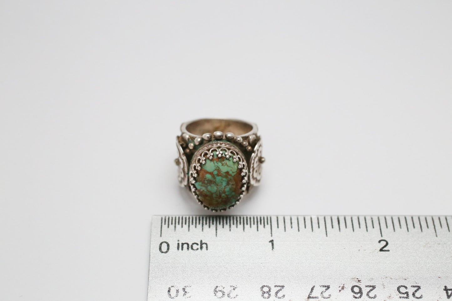 Sterling Silver Ornate Green Turquoise Ring, Size 5 - 14.4g