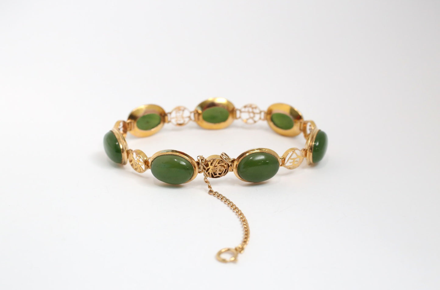 14k Yellow Gold Jade Chinese Bracelet, 7 inches - 16.5g