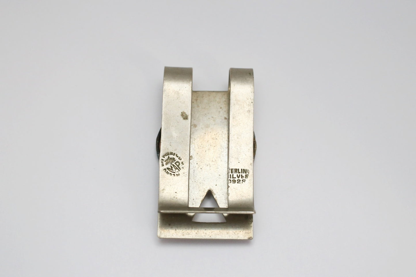 Vintage Mexico Sterling Silver Warrior Motif Money Clip w/ Abalone Inlay, 19.1g