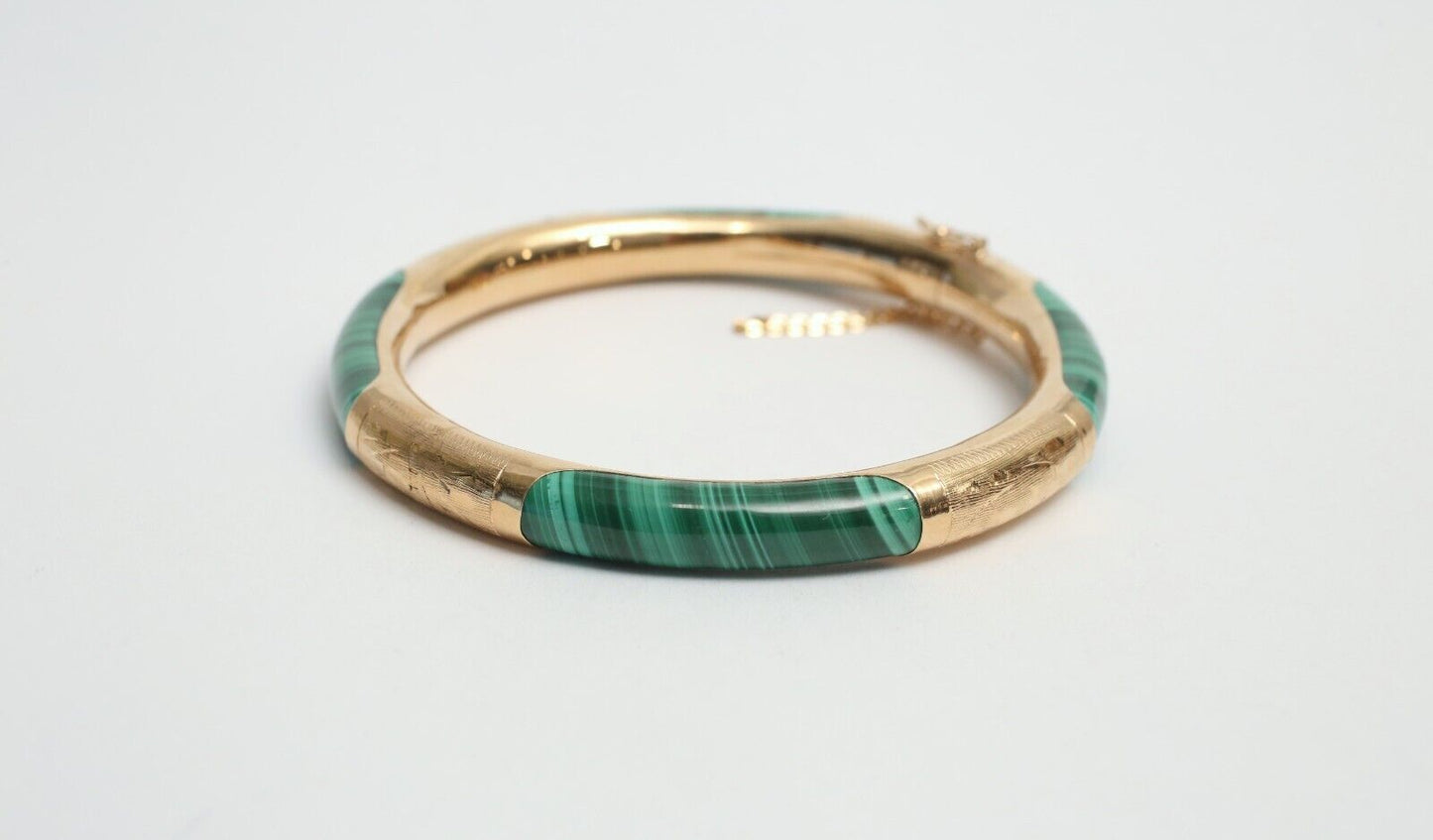 14k Yellow Gold Green Malachite Hinge Bangle, 7.25 inches - 27.6g