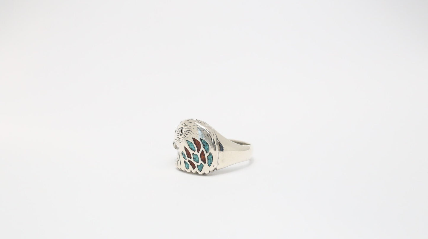 Sterling Silver Eagle Ring w/ Turquoise & Coral, Size 12.75 - 8.8g