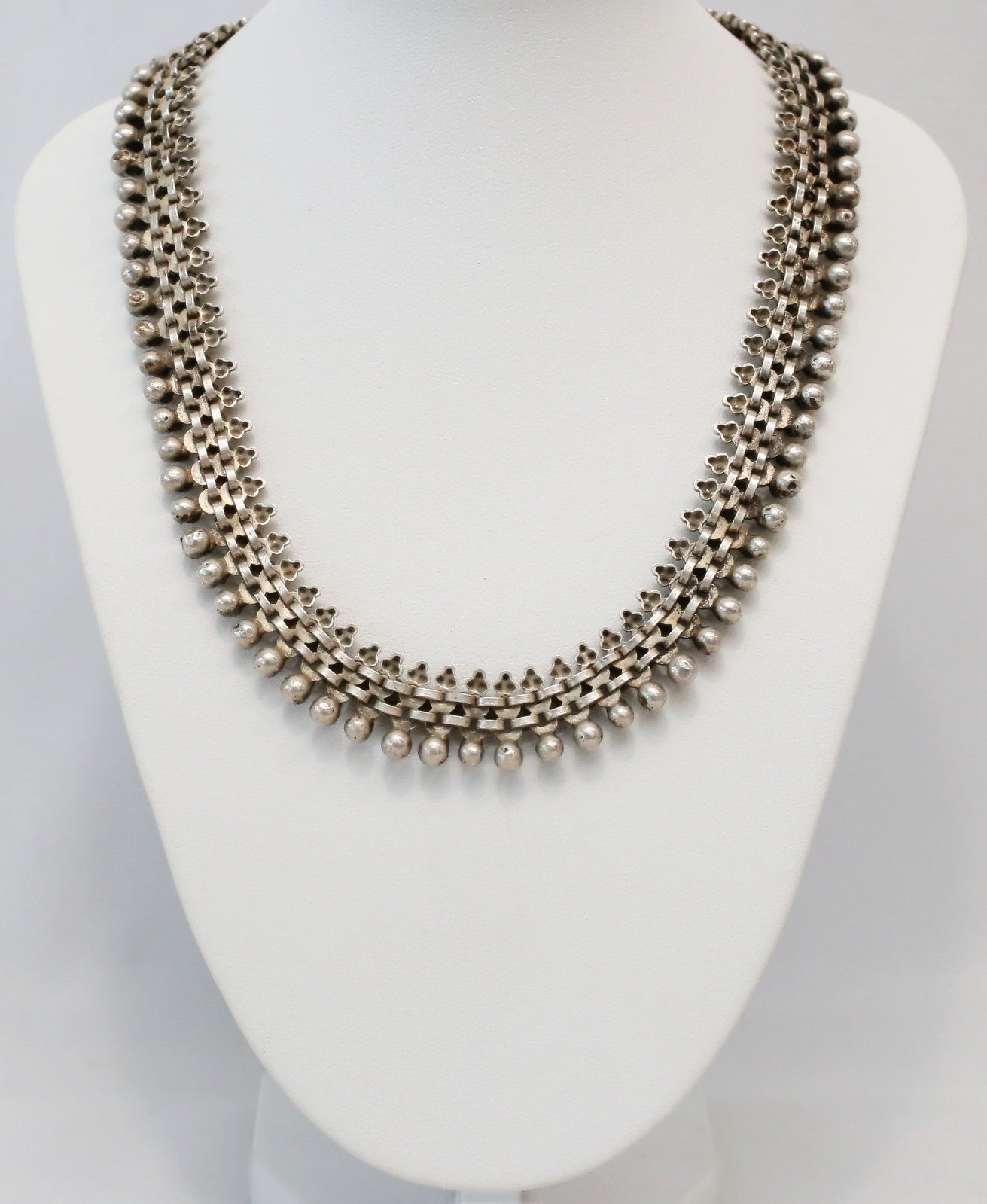 Vintage Sterling Silver Beaded Flower Motif Choker Necklace, 15.75 inches - 56.0g