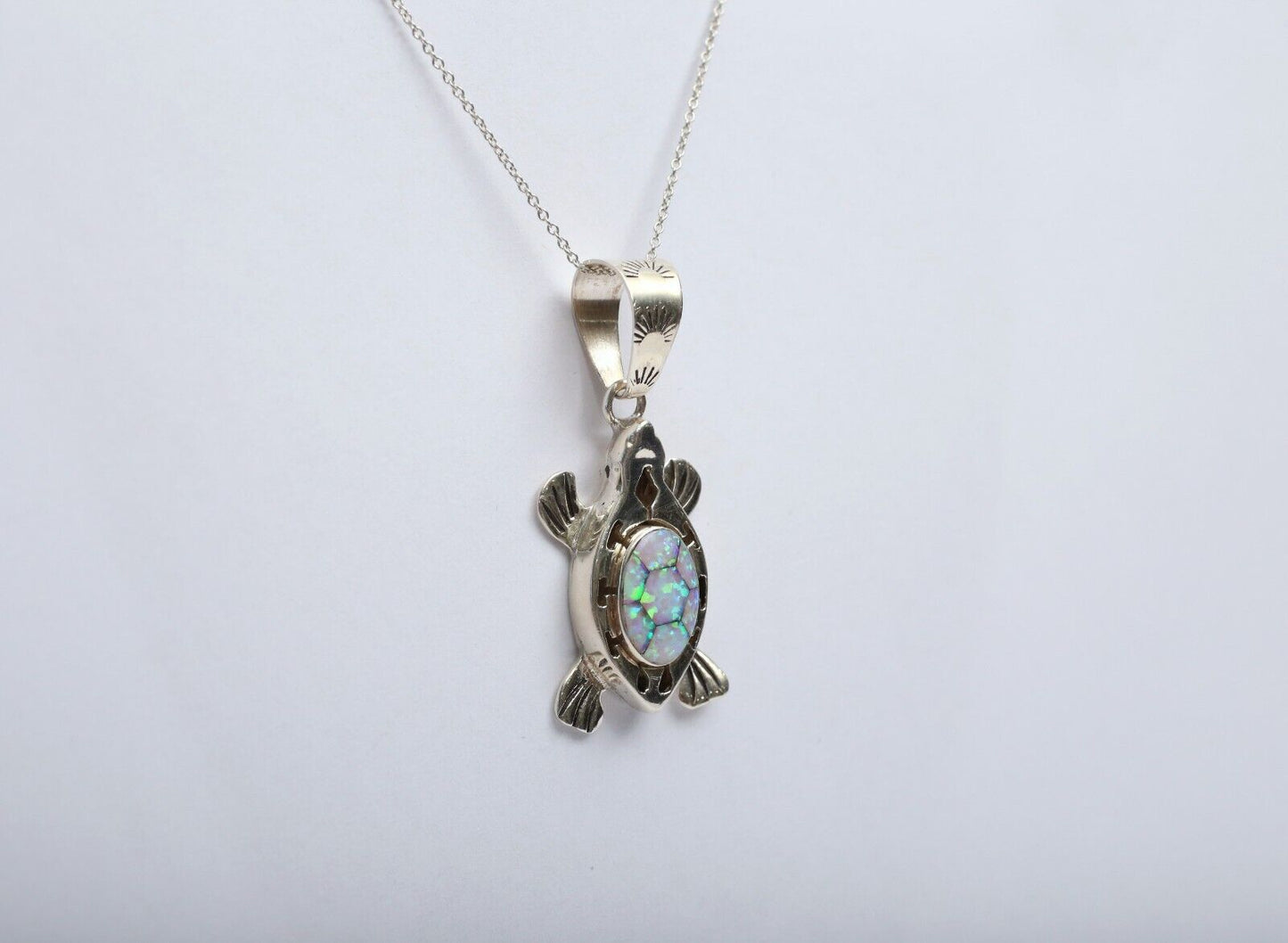 Native American Sterling Silver White Opal Turtle Pendant, 7.0g