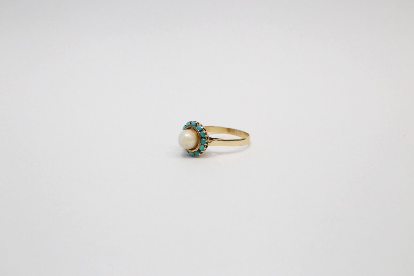 18k Yellow Gold Pearl & Blue Coral Cocktail Ring, Size 6.75 - 2.8g