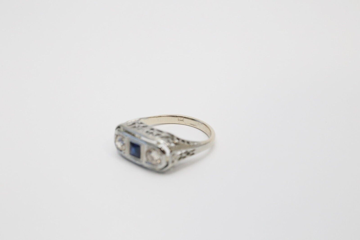 Art Deco 14k White Gold Diamond & Sapphire Ring, Size 4.25 - 2.6g