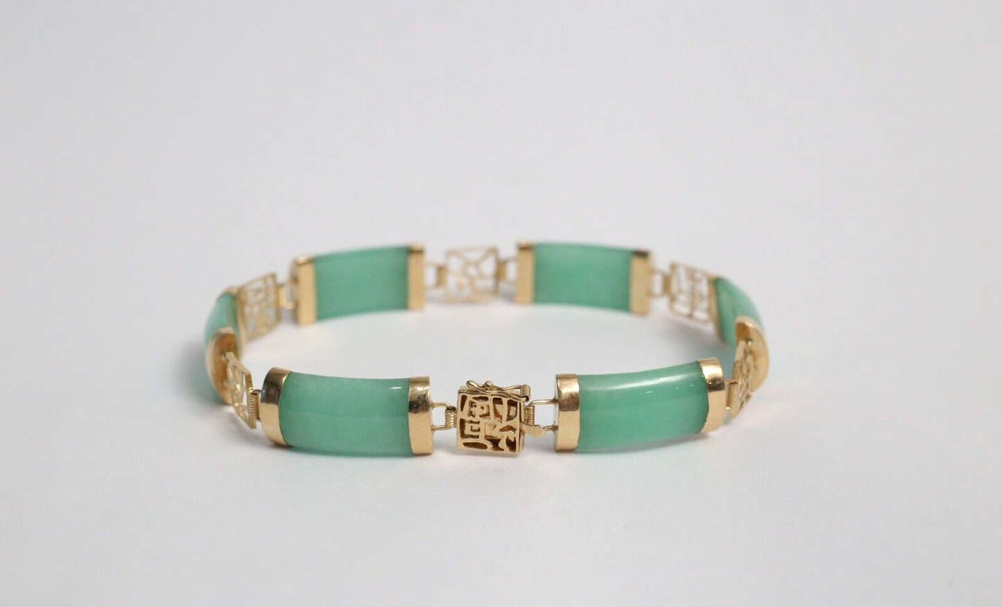 14k Yellow Gold Jade Good Fortune Link Bracelet, 7.0 inches - 11.3g