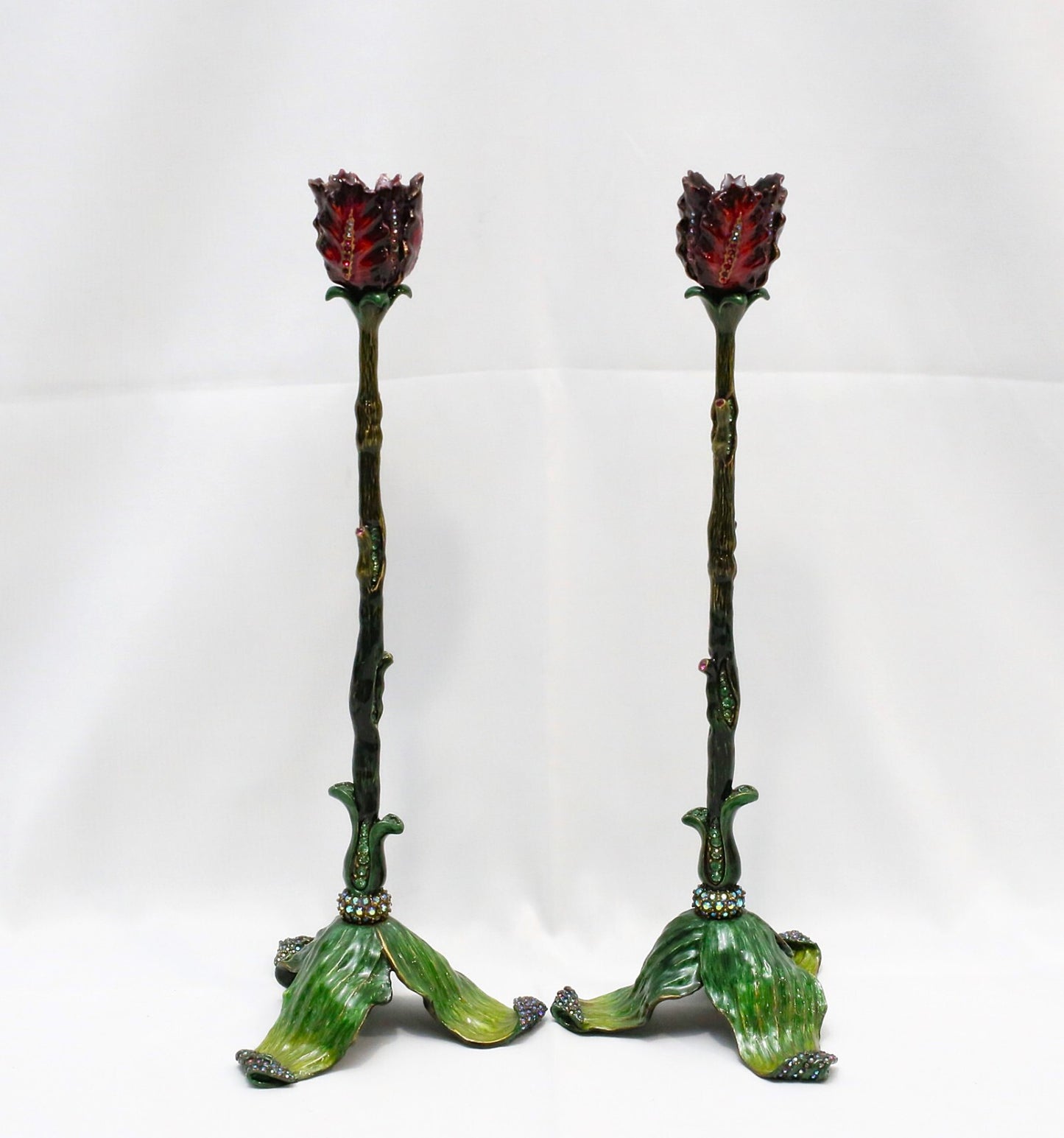 Jay Strongwater (2) Tall Floral Candlestick Holder