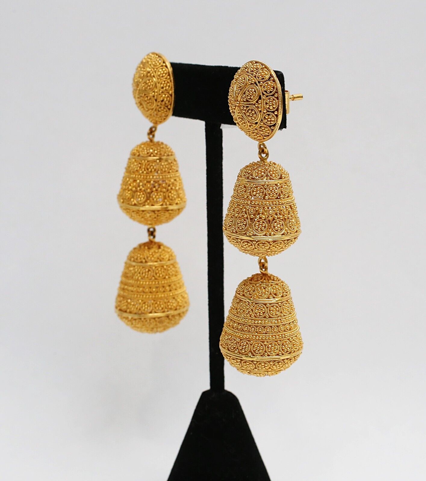 21k Yellow Gold African Filigree Dangle Earrings, 46.2g