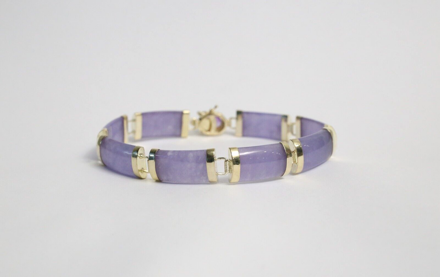 14k Yellow Gold Lavendar Jade Link Bracelet w/ Amethyst, 7.5 inches - 13.5g