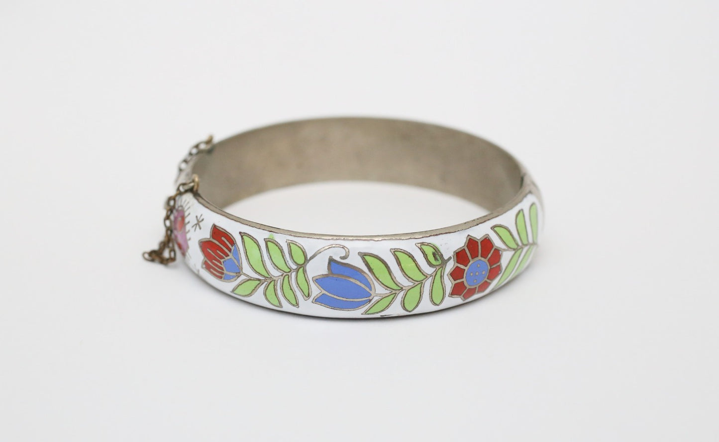 Vintage Sterling Silver Floral Enamel Hinge Bangle, 7.5 inches - 23.8g