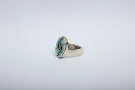 Native American Zuni Sterling Silver Twirl Opal Ring, Size 12 - 15.5g