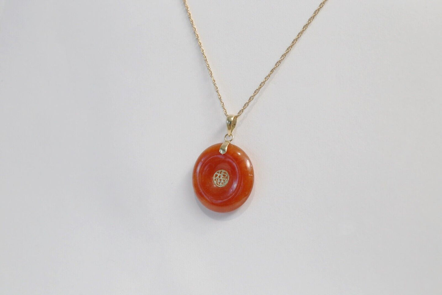 14k Yellow Gold Round Orange-Red Jade Chinese "Good Fortune" Pendant, 3.8g