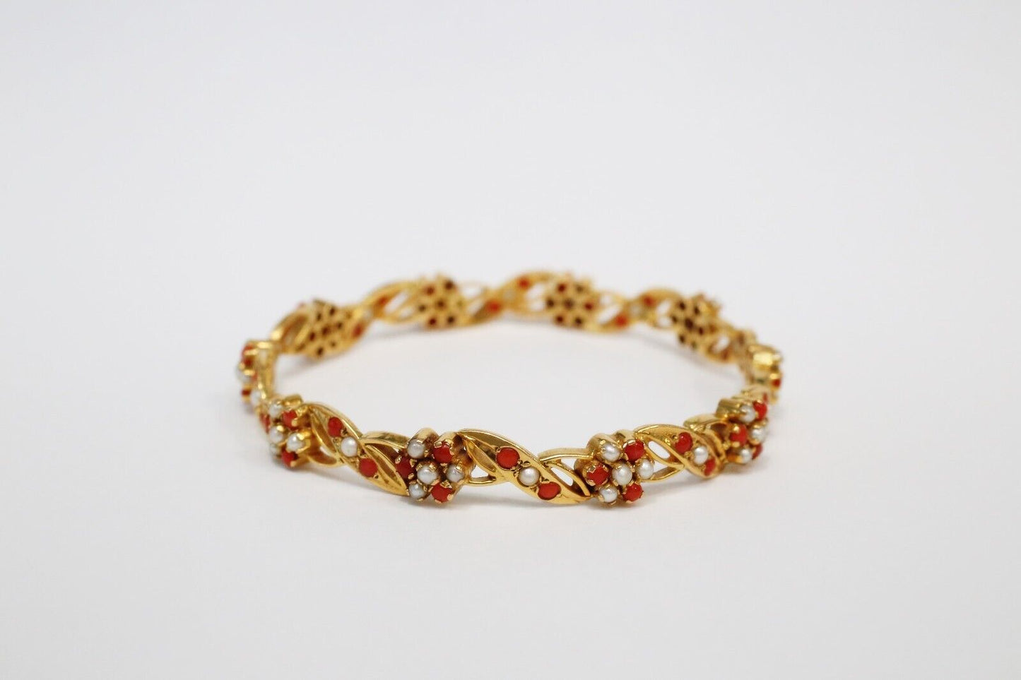 21k Yellow Gold Pearl & Coral Bangle, 7 inches - 23.2g