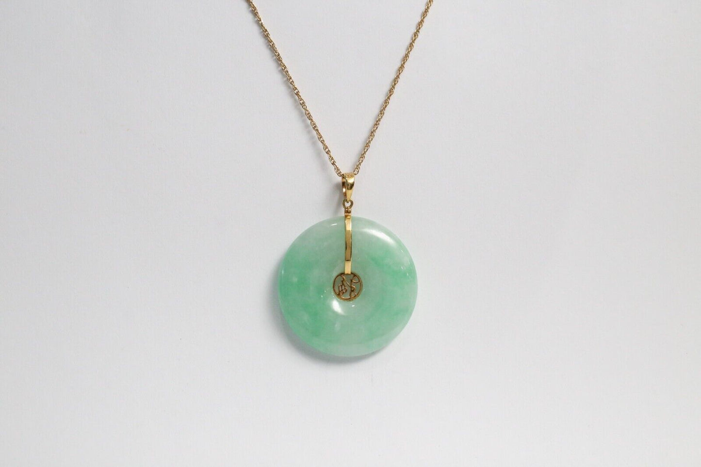 14k Yellow Gold Round Chinese "Good Fortune" Jade Pendant, 9.2g