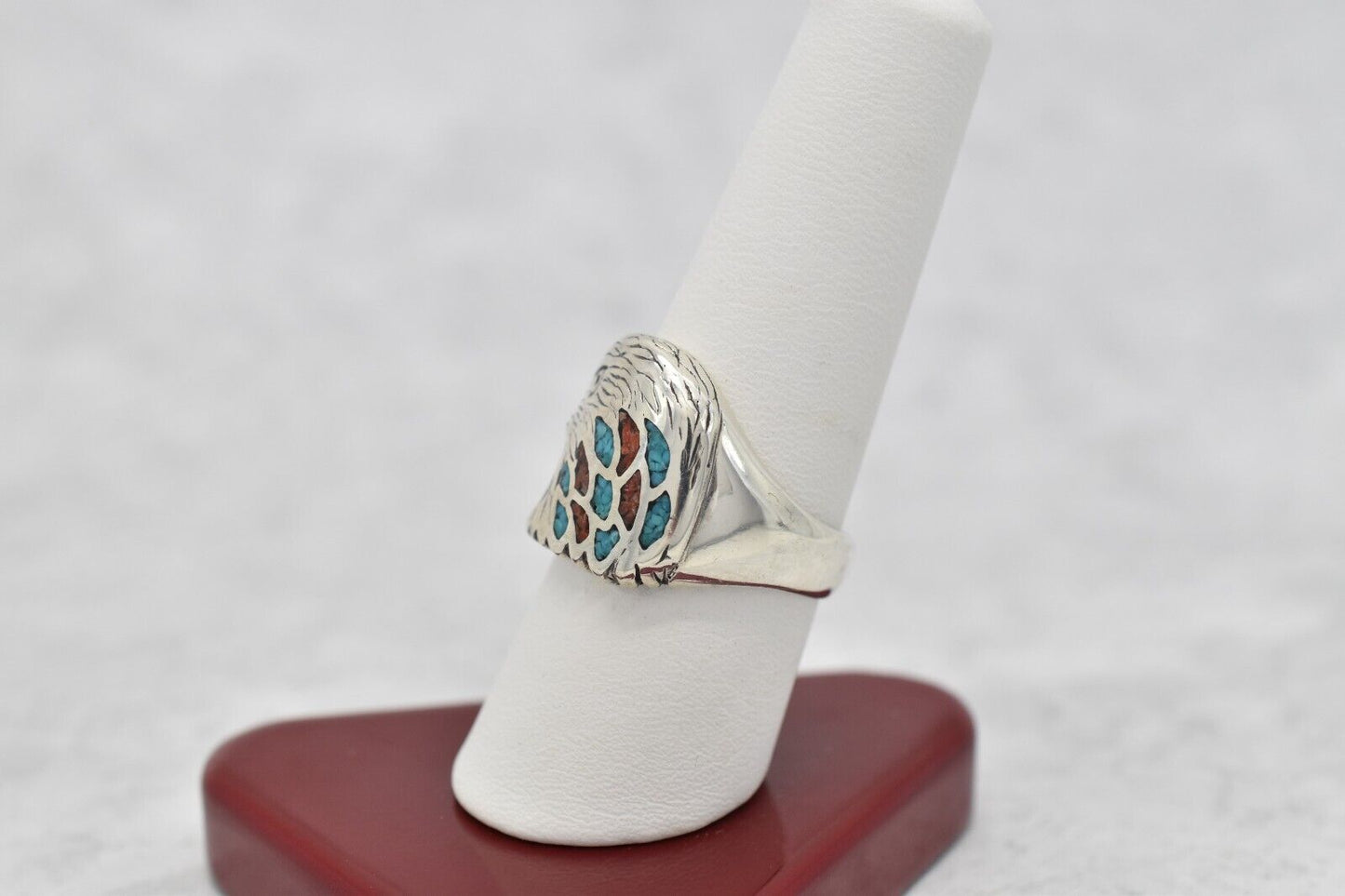 Sterling Silver Turquoise & Coral Eagle Ring, Size 8.75 - 9.2g