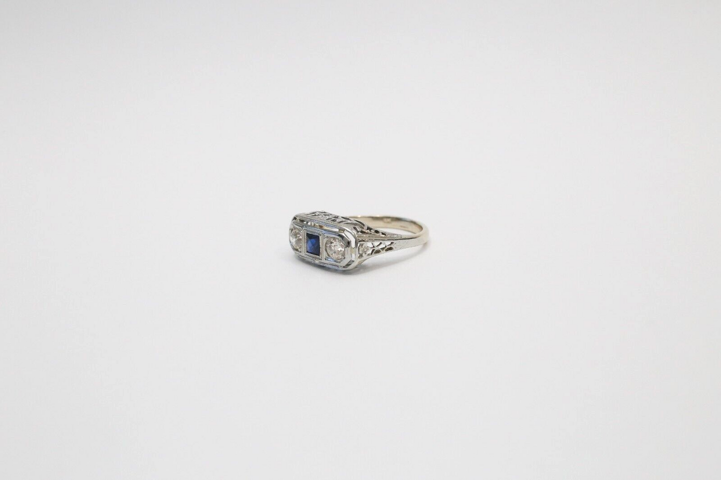 Art Deco 14k White Gold Diamond & Sapphire Ring, Size 4.25 - 2.6g